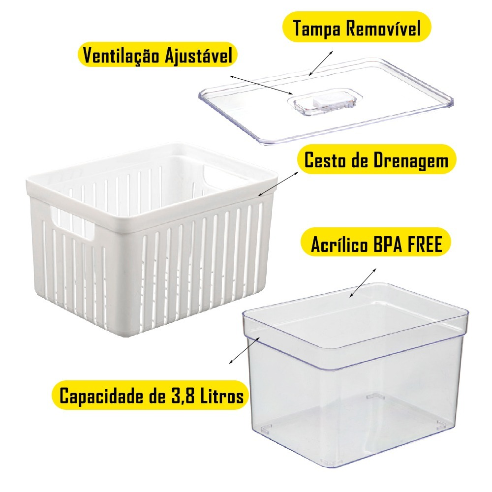 Kit  Organizador de Geladeira . Litros Cesto Com Tampa Multiuso Alimentos Verduras e Vegetais