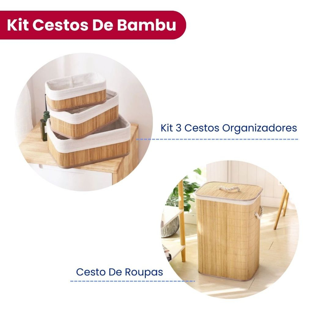 Cesto Roupa Bambu Retangular Com Tampa Alças Banheiro Bege